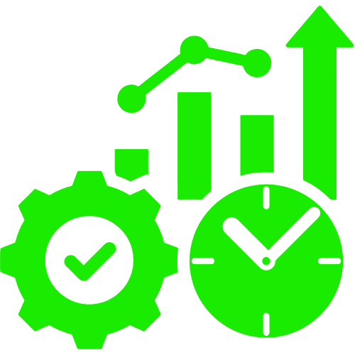 Green color Image Icon For PogreX Website of a statistic bar graph going up with a check mark gear icon and a clock icon to represent automated business growth