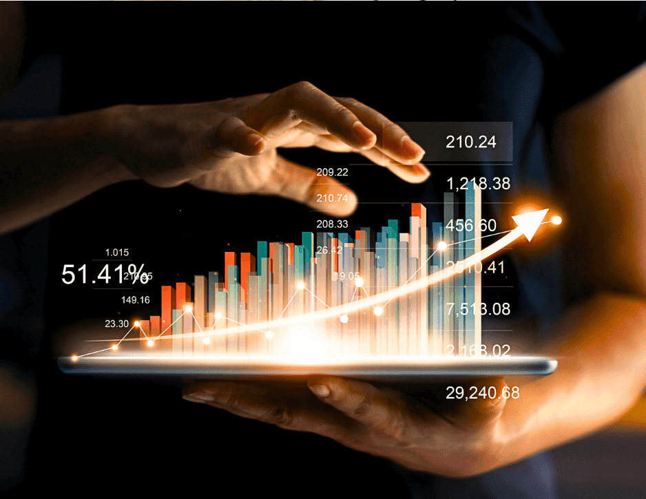 Hologram on a tablet device showing growing business Statistics representing ProgreX Solar Success Secret #3 - Automation Wizardry