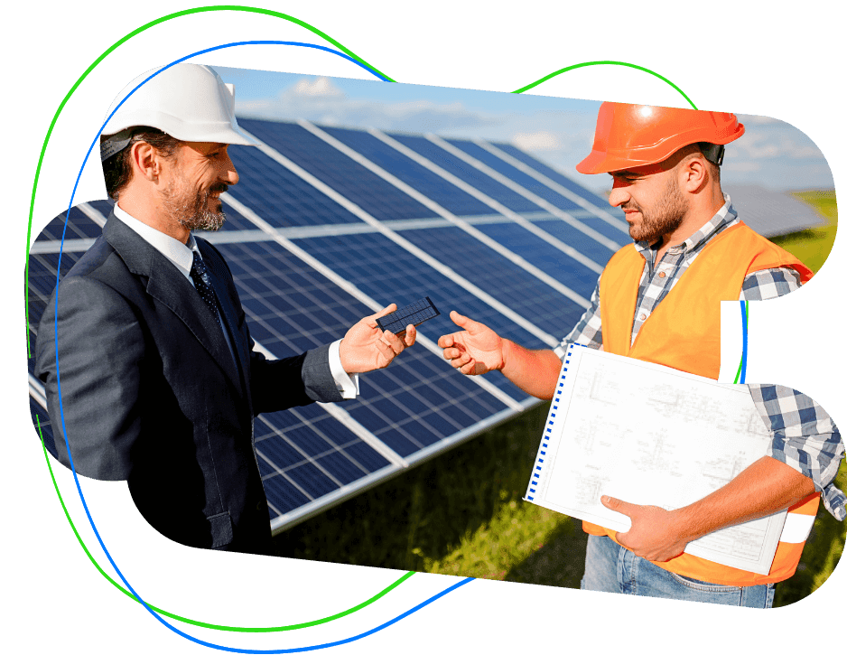 Happy Business partner giving a happy solar panel installer a small device representing ProgreX Expert giving solar panel installers the tools they need to succeed in the solar landscape.