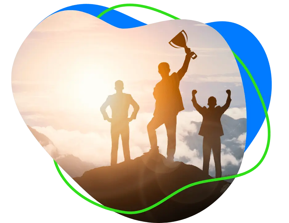 Three happy business man standing at the top of a mountain, with the one in the middle raising up a trophy in his hand. - ProgreX Vision Image